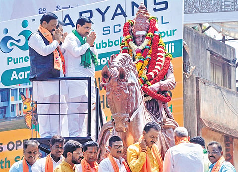 Union minister Pralhad Joshi pays obeisance to Basaveshwara, to mark Basava Jayanti, in Hubballi on Friday