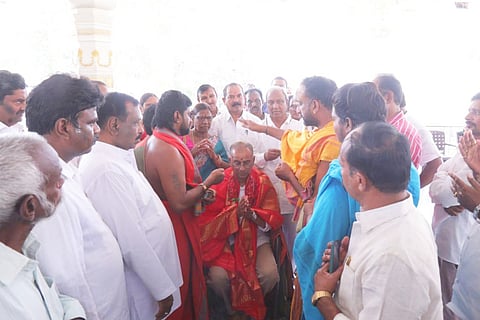 Congress candidate R Raghuram Reddy gets blessings of priests at the Sri Kanyaka Parameswari Ammavari Temple in Khammam on Thursday