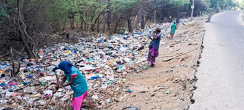 Garbage mindlessly dumped by the roadside at Krishnasamuthiram panchayat near Tiruchy being readied to be set afire
