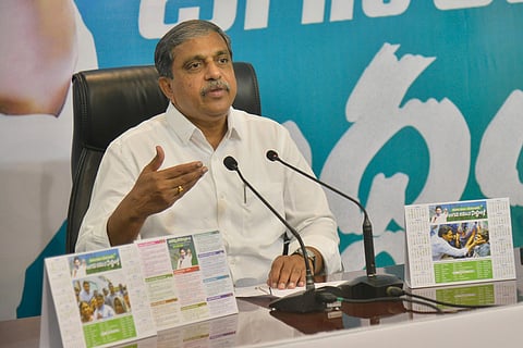 YSRC general secretary Sajjala Ramakrishna Reddy addressing the media during the press conference on Thursday.