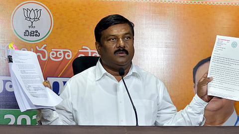 BJP Legislature Party Leader Alleti Maheshwar Reddy addressing a press conference at BJP headquarters in Hyderabad.