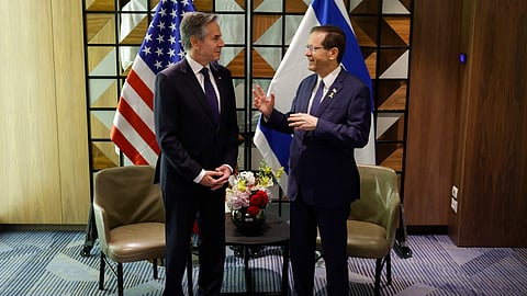 US Secretary of State Antony Blinken (L) meets with Israeli President Isaac Herzog in Tel Aviv, on May 1, 2024.