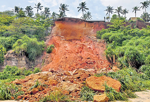 A major portion of Varkala Cliff collapsed on Friday near Papanasam beach