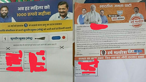 Promotional materials printed on voting slips distributed by AAP, BJP