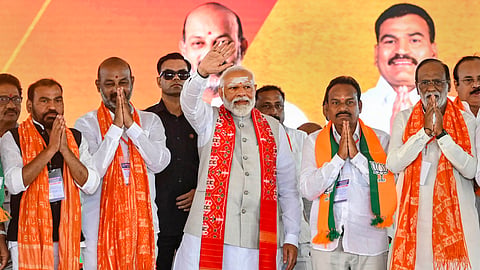 Prime Minister Narendra Modi during a public meeting for Lok Sabha elections, in Karimnagar, Telangana, Wednesday, May 8, 2024.