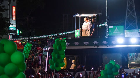 CM Naveen Patnaik holds a roadshow near Salia Sahi in Bhubaneswar on Wednesday.