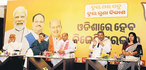 Union Minister Dharmendra Pradhan addressing mediapersons in Bhubaneswar on Monday