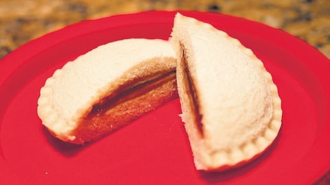 Sealed crustless peanut butter and jelly sandwich.