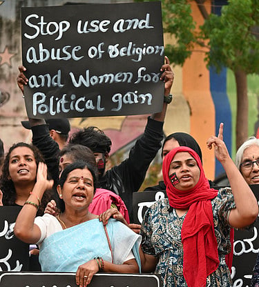 Members of women's groups protest against MP Prajwal Revanna at Freedom Park in Bengaluru on May 3.