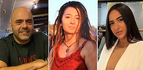 This combo from photos provided by Hostages Families Forum Headquarters shows from left, Itzhak Gelerenter, Shani Louk and Amit Buskila.