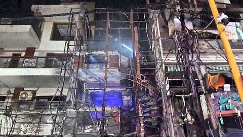 The exterior of a children's hospital at Vivek Vihar area where a fire broke out, in New Delhi, late Saturday, May 25, 2024.