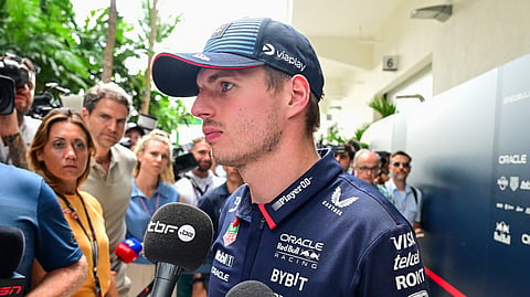 Red Bull Racing's Dutch driver Max Verstappen speaks with reporters in the paddock ahead of the 2024 Miami Formula One Grand Prix at Miami International Autodrome on May 2, 2024.