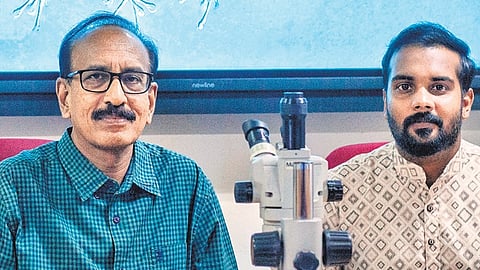 Senior Prof Dr S Bijoy Nandan, Department of Marine Biology (left), and Vishnudattan N K, research scholar