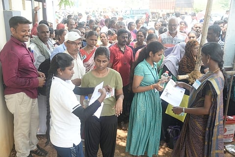 File - Students being admitted to a NEET-UG exam centre in Thanjavur.