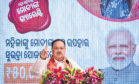 BJP national president JP Nadda speaks to media after releasing manifesto for Odisha Assembly election in Bhubaneswar on Sunday