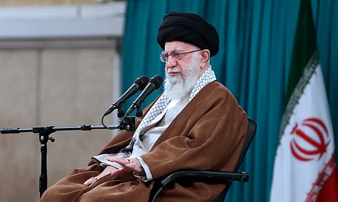 In this photo released by the official website of the office of the Iranian supreme leader, Supreme Leader Ayatollah Ali Khamenei speaks in meeting a group of families of the Revolutionary Guard members in Tehran, Iran, Sunday, May 19, 2024.