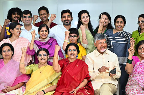 TDP supremo Chandrababu Naidu celebrating the big win of his party with family members.