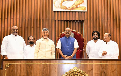 Chief Minister N Chandrababu Naidu and Deputy CM Pawan Kalyan along with Speaker Ch Ayyanna Patrudu.
