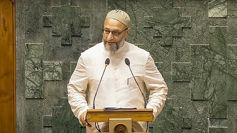 AIMIM MP Asaduddin Owaisi takes oath as a member of the House during the first session of the 18th Lok Sabha, in New Delhi, Tuesday, June 25, 2024. - He hailed Palestine after his oath.