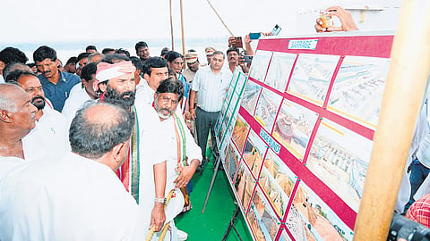 Irrigation Minister Uttam Kumar Reddy, Deputy Chief Minister Mallu Bhatti Vikramarka and Revenue Minister Ponguleti Srinivasa Reddy at a photo exhibition on the Sri Sita Rama Lift Irrigation Project at Ammagaripalle on Thursday