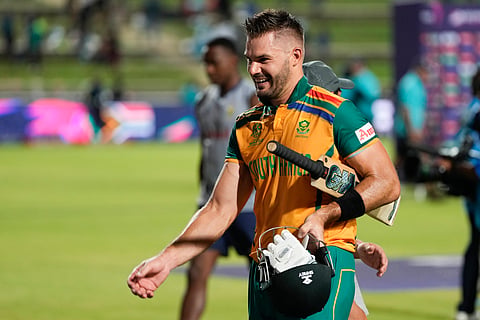 South Africa's captain Aiden Markram walks from the field following his team's nine wicket win over Afghanistan in their men's T20 World Cup semifinal cricket match