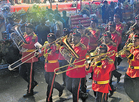 Band members perform during the Telangana Formation Day celebrations on Tank Bund in Hyderabad on Sunday