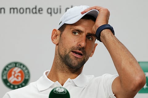 Serbia's Novak Djokovic hold a press conference on day five of the French Open tennis tournament at the Roland Garros Complex in Paris on May 30, 2024.