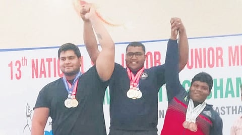(R) Athul Krishnan won the bronze medal at the National Sub Junior Powerlifting Championship in Rajasthan