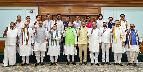 Prime Minister Narendra Modi with NDA alliance partners including TDP supremo Chandrababu Naidu and Bihar CM Nitish Kumar after the alliance meeting.
