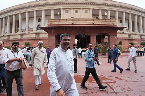 Union Education Minster Dharmendra Pradhan arrives to attend the Parliament session, in New Delhi, Friday, June 28, 2024.