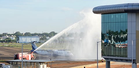 A water cannon salute was accorded to the maiden flight at the new terminal