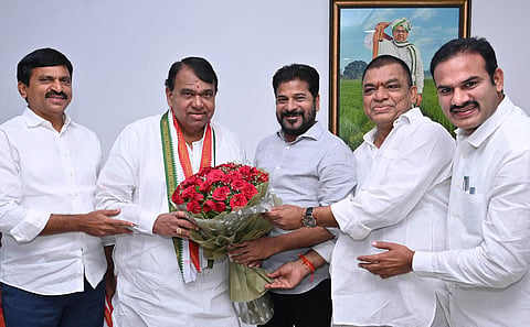 Chief Minister A Revanth Reddy greets former Assembly Speaker and Banswada
BRS MLA Pocharam Srinivas Reddy at the latter’s residence in Hyderabad.