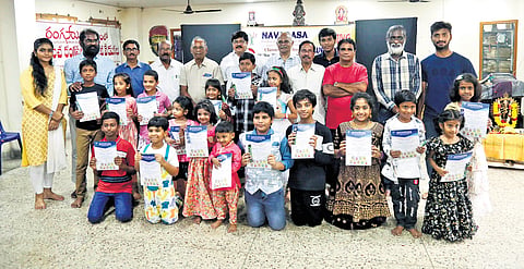 Children who performed acts during a theatre acting workshop organised by Navarasa Theatre Arts Association with PV Ramana Murthy and team.