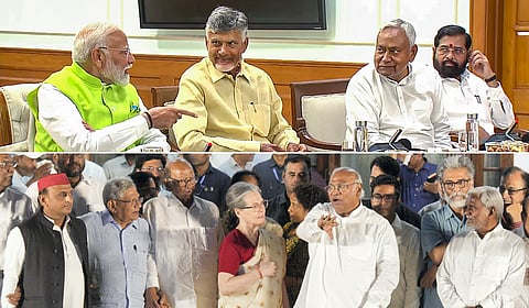 (Top) Members for the NDA meet at PM Modi's residence in New Delhi; (Bottom) Members of the INDIA bloc meet at Congress President Mallikarjun Kharge's residence in New Delhi.