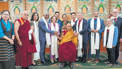 Dalai Lama with the US Congressional delegation in Dharamsala on Wednesday.