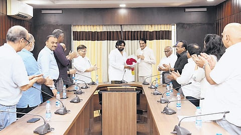 A delegation of Tollywood producers meets Deputy CM Pawan Kalyan.
