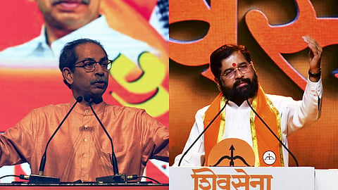 Shiv Sena (UBT) chief Uddhav Thackeray and Maharashtra CM Eknath Shinde speak during their respective camps' celebration of the Sena Foundation Day in Mumbai on Wednesday.
