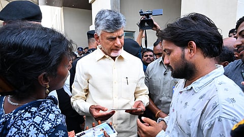 CM Naidu taking representations from the public at the central party office in Mangalagiri.