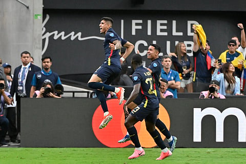 Ecuador players celebrate after an own goal from Jamaica's Kasey Palmer during Copa America match