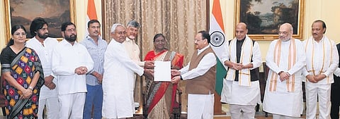 A delegation led by the National Democratic Alliance (NDA) leaders called upon President Droupadi Murmu on Friday