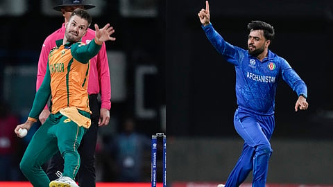 South Africa captain Aiden Markram (L) and Afghanistan captain Rashid Khan