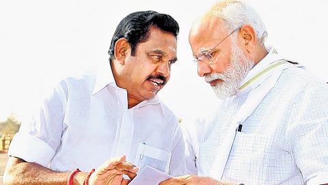 The then Chief Minister Edappadi K Palaniswami with Prime Minister Narendra Modi at Perumanallur in Tiruppur