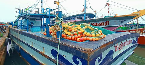 A purse seine fishing net kept on the deck of a mechanised boat