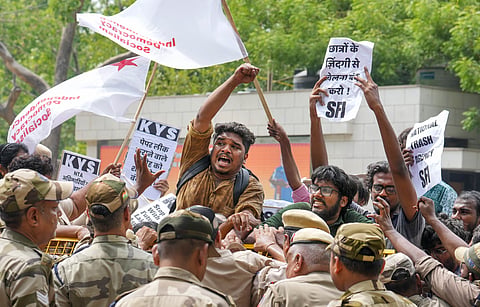 Students stage a protest over the NEET-UG and UGC-NET examinations issue, in New Delhi, Thursday, June 20, 2024.