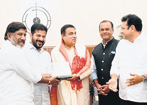 CM A Revanth Reddy, Deputy CM Mallu Bhatti Vikramarka and other ministers meet Union Minister for Road Transport Nitin Gadkari in New Delhi on Wednesday