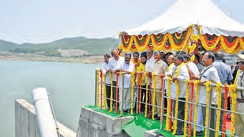 Chief Minister N Chandrababu Naidu inspecting the Polavaram project work, along with other officials, on Monday