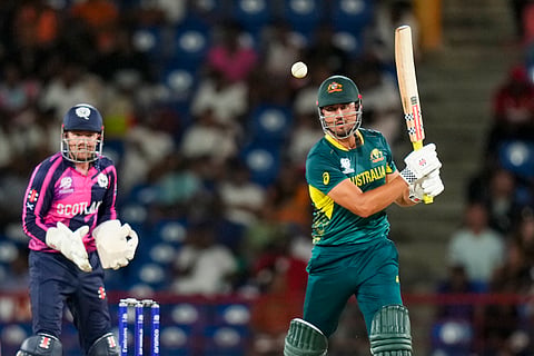 Marcus Stoinis bats during the men's T20 World Cup cricket match between Australia and Scotland