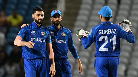 Afghanistan's Naveen-ul-Haq (L) celebrates with teammates after dismissing Papua New Guinea's Hiri Hiri during the ICC men's Twenty20 World Cup 2024 group C cricket match between Afghanistan and Papua New Guinea on June 13, 2024.