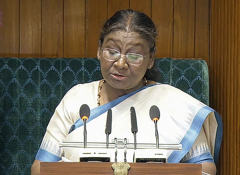 President Droupadi Murmu addresses the joint sitting of the Lok Sabha and Rajya Sabha, in New Delhi, Thursday, June 27, 2024.