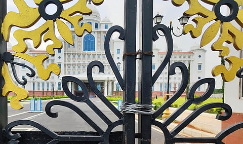 The main gate of the Secretariat in Hyderabad seen tied shut with binding wire on Monday following the decision to adopt vastu-compliant entry and exit.